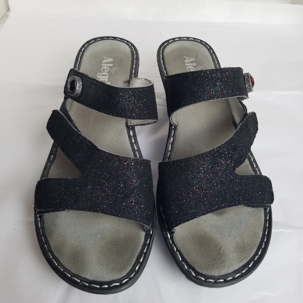 Alegria Wedge Sandals 10 41 Leather Glitter Black